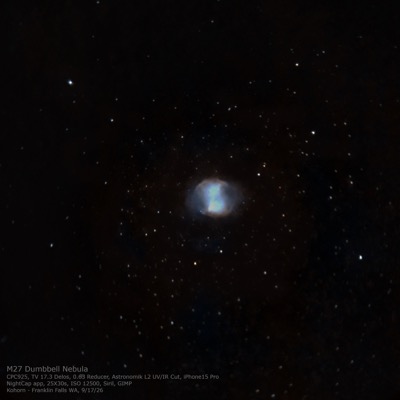 M27 Dumbbell Nebula by Adam Kohorn. Settings: Long Exposure, 25×30s at ISO 12500, stacked in Siril