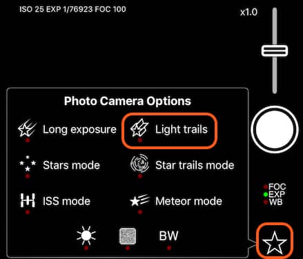 Selecting Light Trails in the Camera Options panel