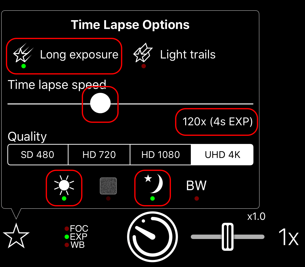 The time lapse options panel
